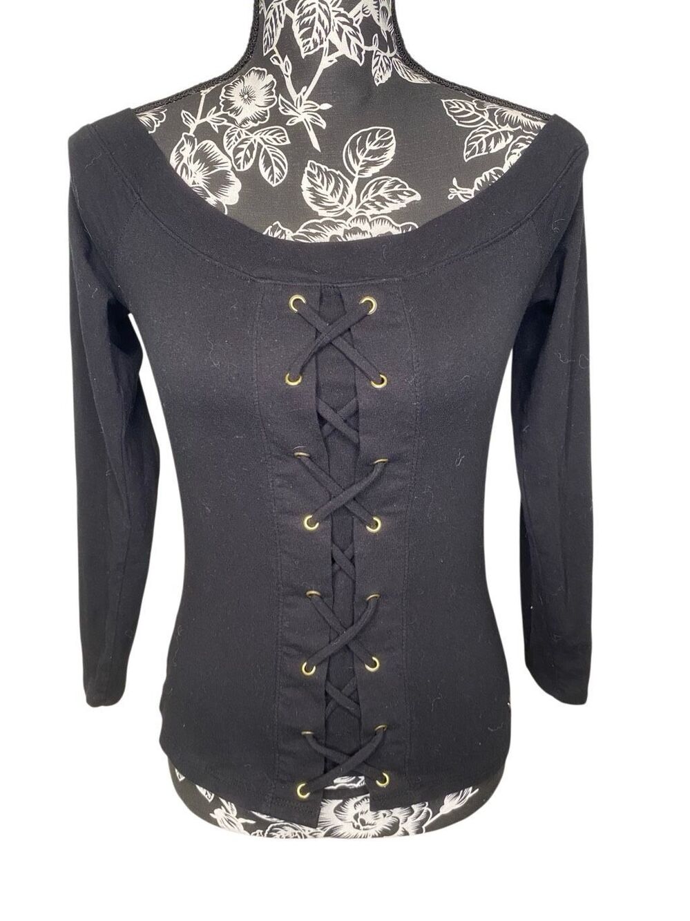 Guess Lace Up Off Shoulder Top Corset Y2K Fitted Stretch Long Sleeve Goth Punk